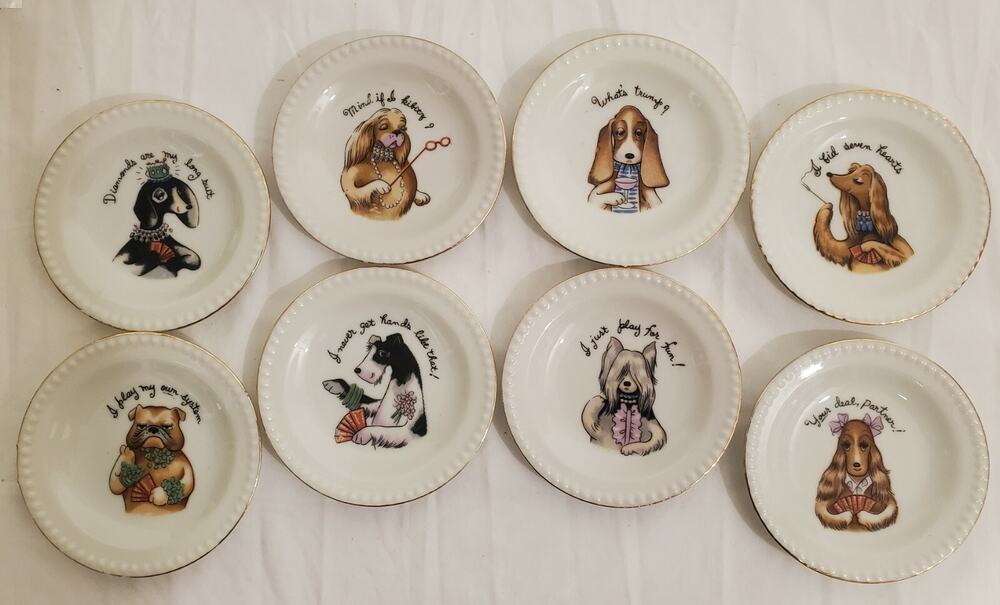 8 Hand Painted Lenwile China Ardalt Japan Miniplates 4” Bridge Theme with Dogs